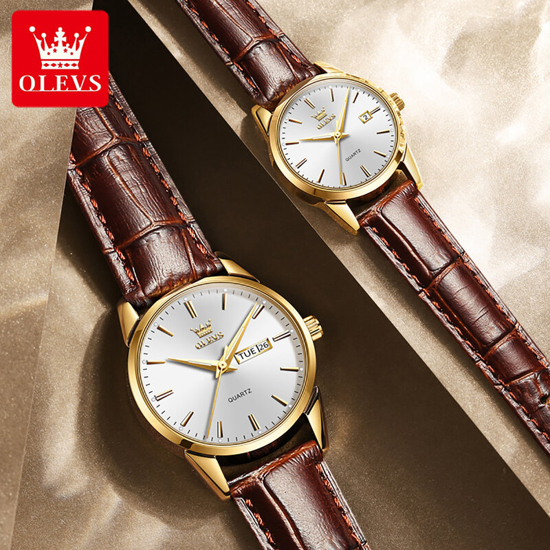 OLEVS Couple Wristwatch Men And Women Quartz Waterproof Casual Watch With Calendar Leather Clock Valentine's Romantic Gifts Set