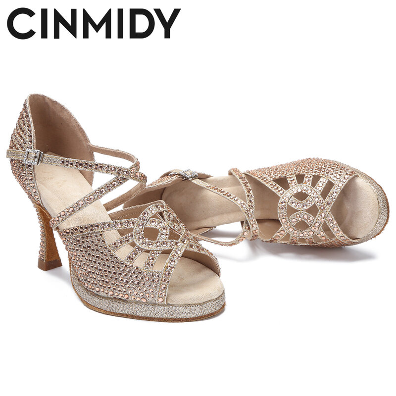 CINMIDY-zapatos de baile latino de suela blanda para mujer, Sandalias de tacón alto para fiesta de salón, zapatos plateados para boda, zapatillas de baile