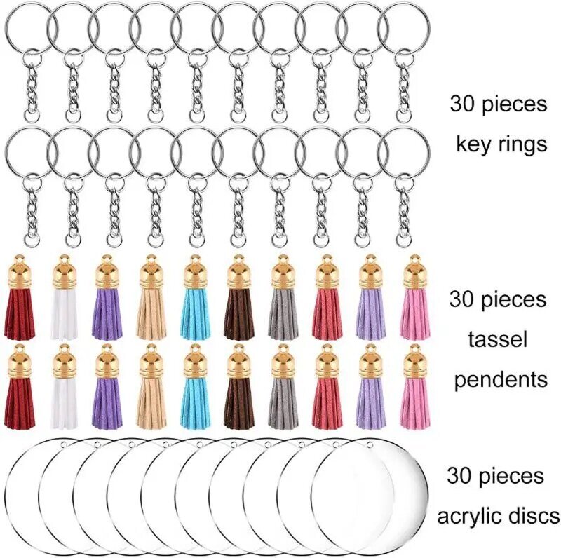 THINKTHENDO 90 pièces acrylique cercle clair disques porte-clés ensemble rond acrylique porte-clés ébauches bijoux à bricoler soi-même outil