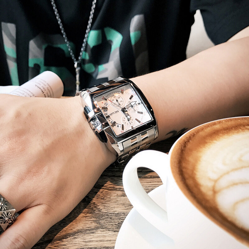 MEGIR-Montres-bracelets à quartz en acier inoxydable pour hommes, grand cadran, luxe, marque supérieure, affaires créatives, montres de sport pour hommes