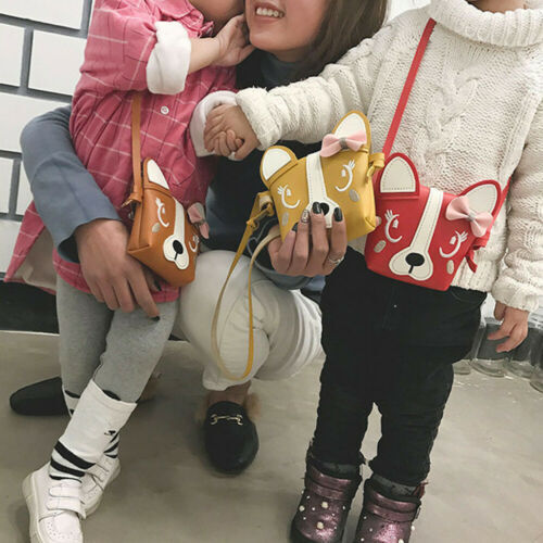 Kids Girl Crossbody Mini Shoulder Bag PU Leather Cute Dog Bowknot Kids Girls Casual Messenger Bags Handbag