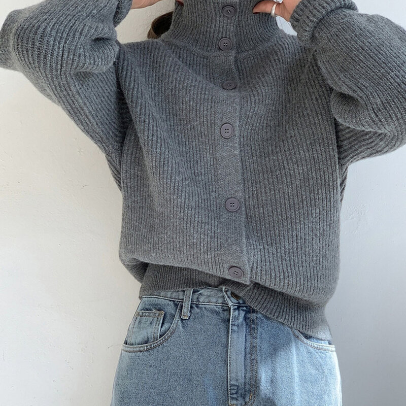 Женский однотонный вязаный кардиган, повседневный однобортный свитер с высоким воротником и длинными рукавами в японском стиле, 2021
