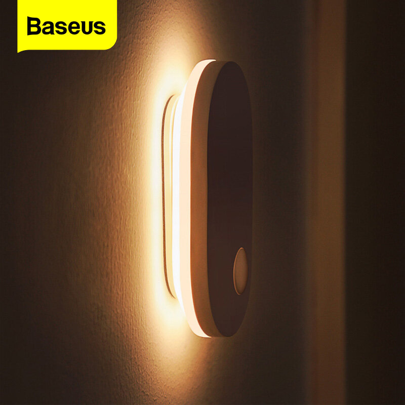 Baseus lâmpada noturna de led, sensor de movimento pir recarregável por usb, lâmpada de cabeceira para parede de casa inteligente para armário de armário de cozinha