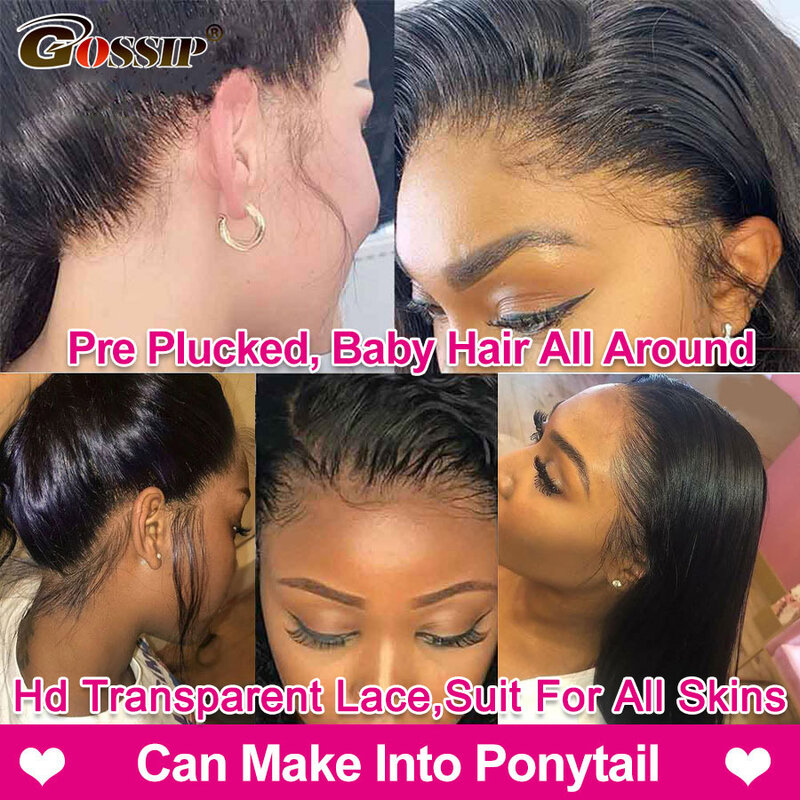 Perruque Lace Frontal Wig sans colle brésilienne Remy, cheveux naturels, lisses, pre-plucked, pour femmes