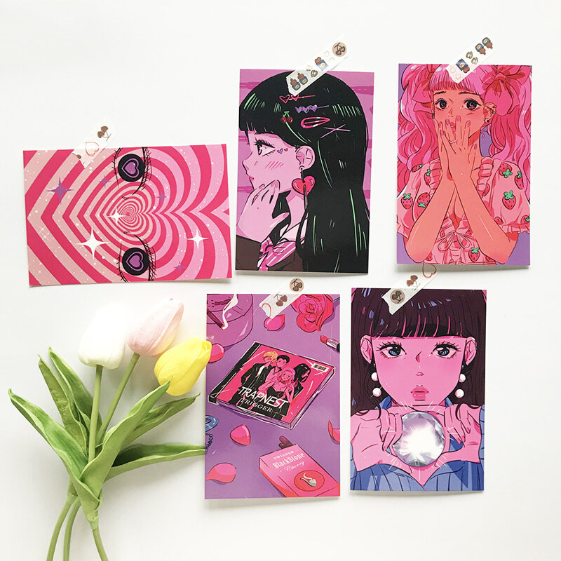 Ins Japanese Cartoon Sweet Girl Postcard 8 Sheets Retro Wall Sticker Creative Bookmarks Decorative Card Gift Kawaii Photo Prop