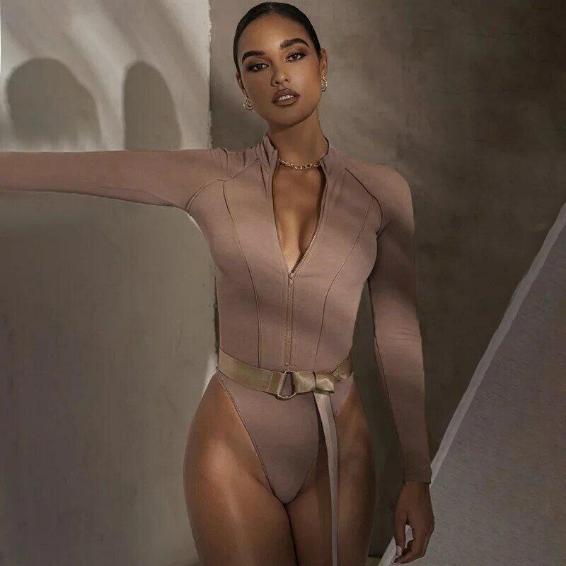 Beyouare 2021ฤดูใบไม้ร่วงเซ็กซี่ Bodysuit ผู้หญิง Slim ที่มองไม่เห็นซิป O-Neck แขนยาวผอม Vintage Elegant หญิง Bodysuits
