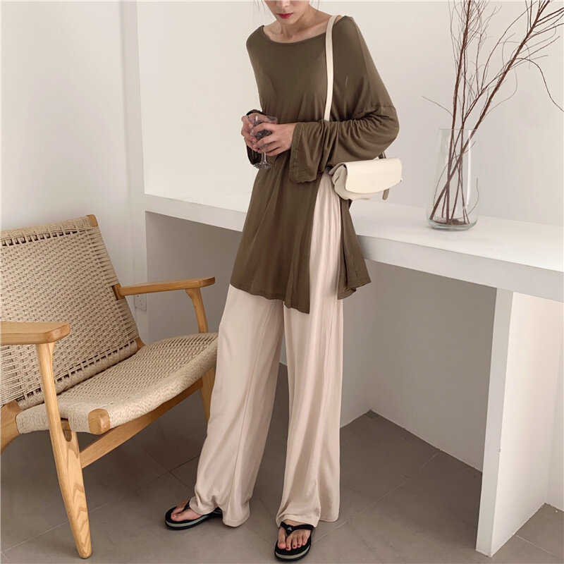Ladies Trouser Suit Summer Lazy Wind Loose Sexy Backless Long Sleeved T-shirt Top Women's Design Slim Casual Pants Hanging Pants