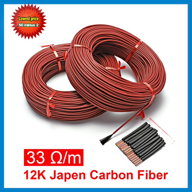 Cable calefactor de fibra de carbono, chaqueta de goma de silicona mejorada de 3mm, 33 Ohm/m, 100 metros, nuevo