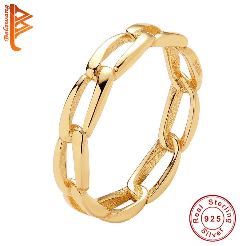 BELAWANG-Anillo de plata de ley 100% 925 para mujer, anillo de cadena de estilo Simple con chapado en oro de 18k para mujer, regalo de cumpleaños de fiesta