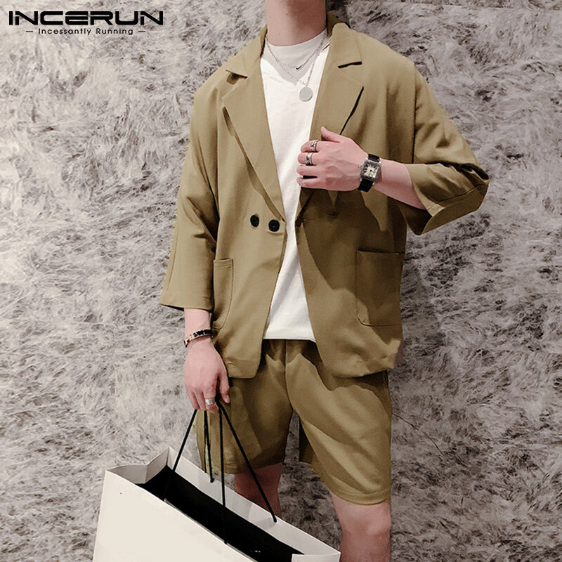INCERUN – costume deux pièces de Style coréen pour homme, ensemble décontracté, ample, à manches mi-longues, à manches courtes 8 points, à la mode, ShortsS-5XL