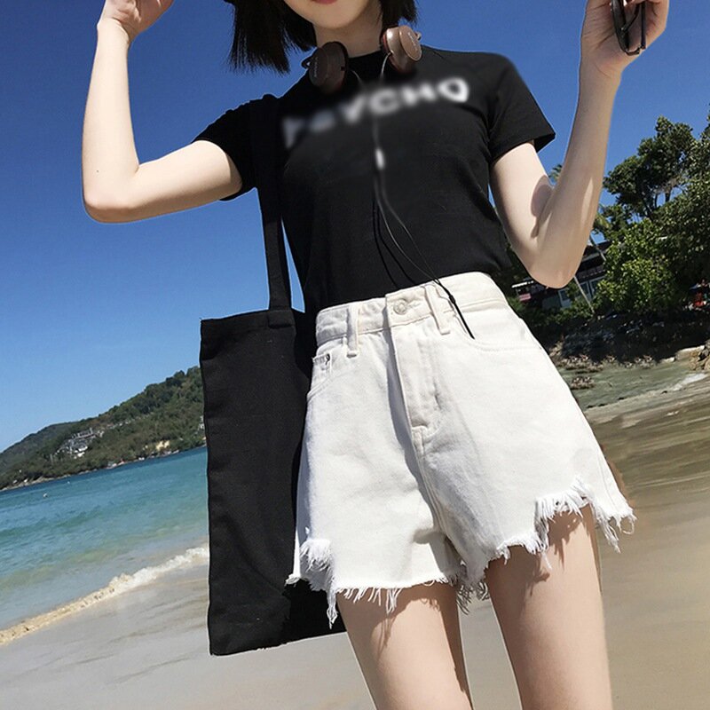 Women Vintage Korean Version Shorts Retro High Waist Loose Wild Hole Denim Shorts Summer Wear