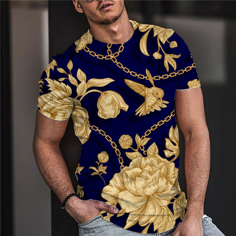 유럽과 미국의 새로운 남성 캐주얼 라운드 넥 반팔 디지털 인쇄 슬림 풀오버 남자 티셔츠 청소년 티셔츠 소년 탑스