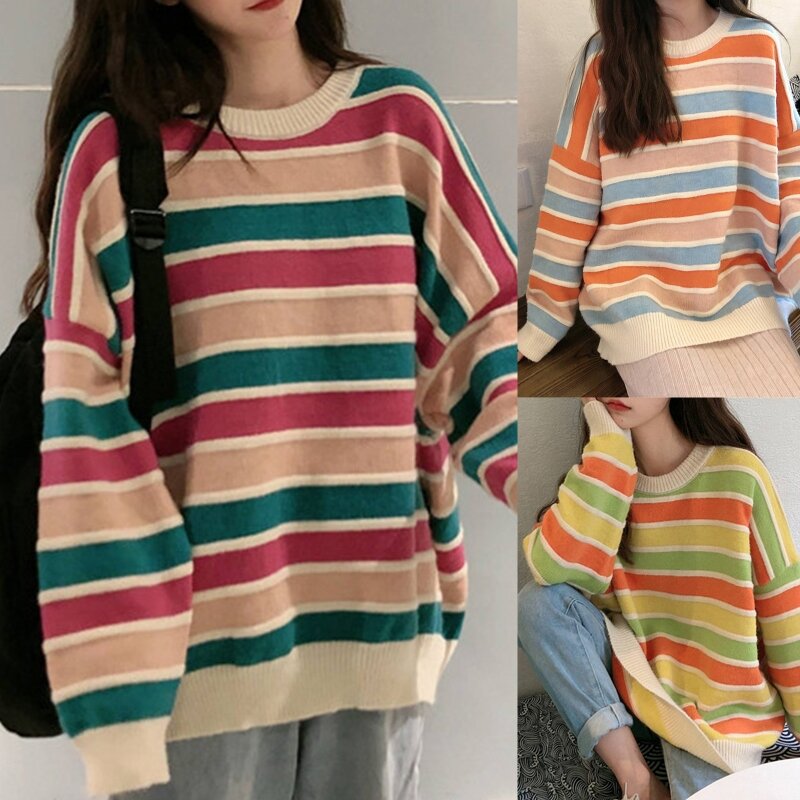 Women Autumn Long Sleeve Sweater Contrast Colored Striped Oversized Jumper Top X3UE
