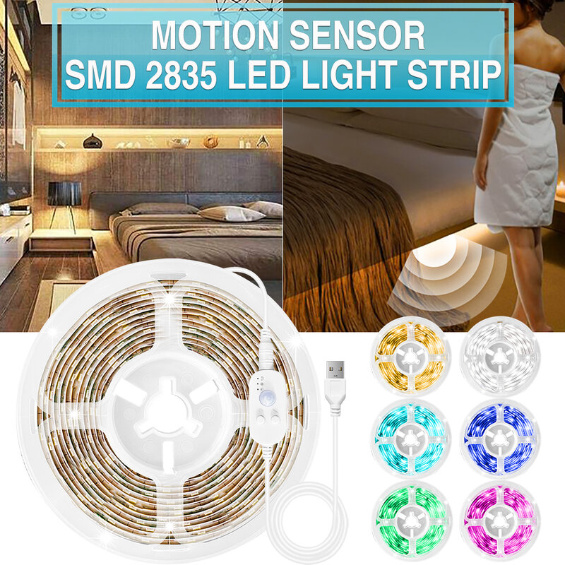Bande lumineuse LED SMD 2835 avec interrupteur et capteur de mouvement, bande lumineuse à intensité variable, USB, DC 5V, 60 diodes/M, pour chambre à coucher, 3M/4M/5M
