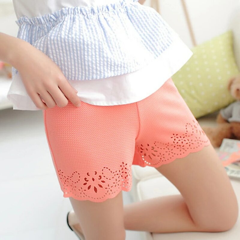 Girl Underpant Summer Korean Style Women Classical Solid Color Elastic Mid Waist Ruffles Hollow out Flower Short Pants