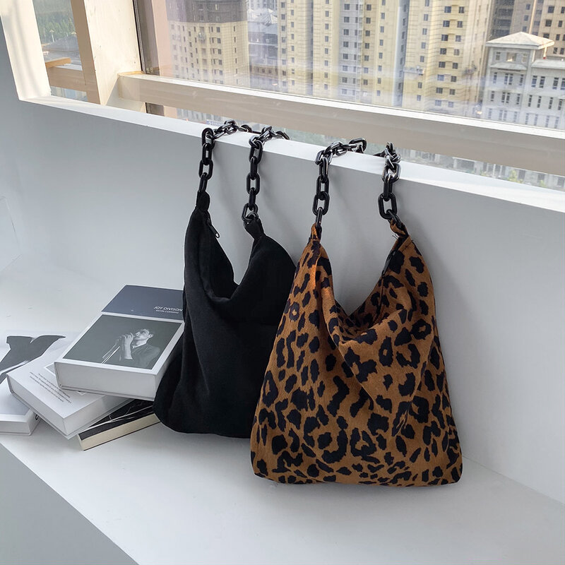 2021 neue Herbst Winter Cord Schulter Taschen Retro Leopard Muster Handtasche Dicke Kette Taschen Weibliche Täglich Warme Weiche Crossbody