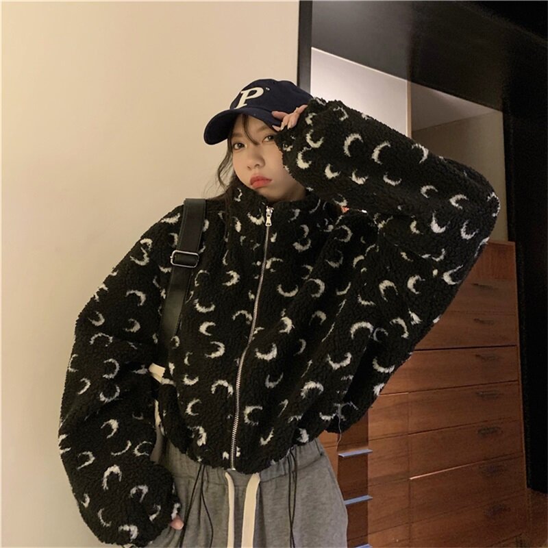 Streetwear Harajuku Keep Warm Lambswool Moon Design Full Sleeve Zipper Drawstring Jacket Coat Vintage Thicken Cotton Clothes