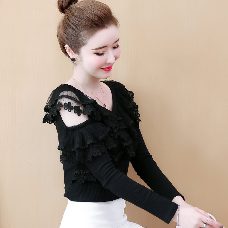Knitted lace 2021 Autumn New Long Sleeve Lace Shirt Female Ruffled Shoulder Blouses Clothes Young girl Tops blusa feminina 688C