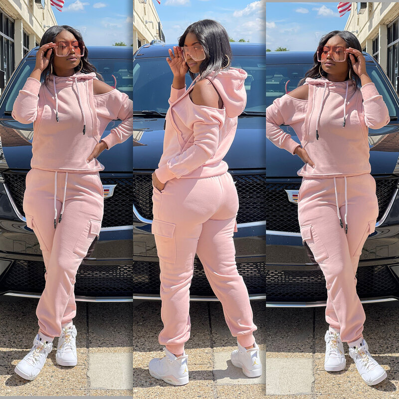 Casual Women Tracksuit Two Piece Set Off Shoulder Sportsuit Matching Suit Solid Color High Streetwear Clothes For Women Outfit