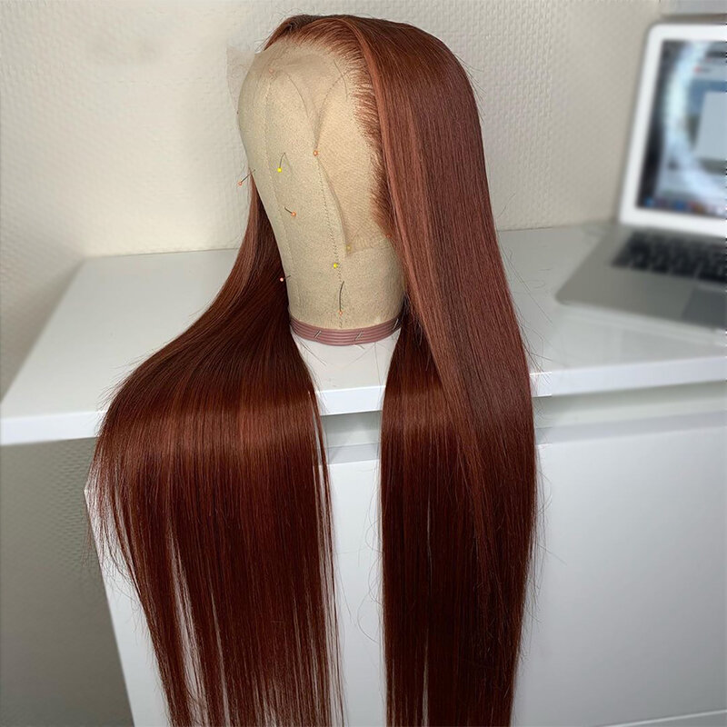 Glueless Brown 26 Inch Long Silky Straight Lace Front Synthetic Wig For Black Women Cosplay Heat Resistant Baby Hair Preplucked