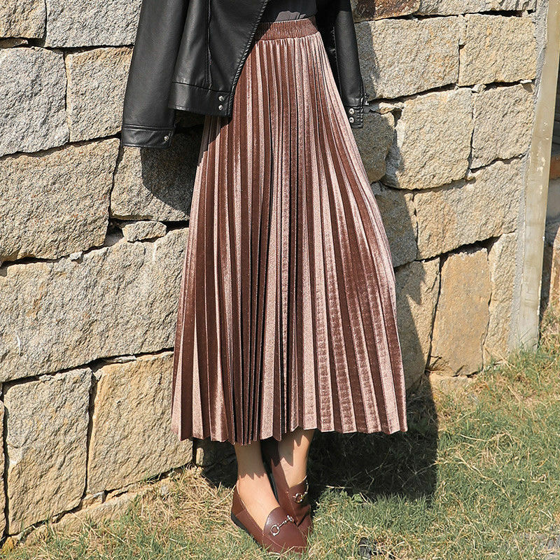 Falda plisada de terciopelo para mujer falda de cintura alta lisa 