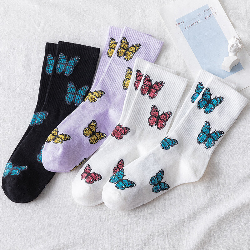 Meias bordadas de borboleta para mulheres, meias de algodão engraçadas estilo harajuku super