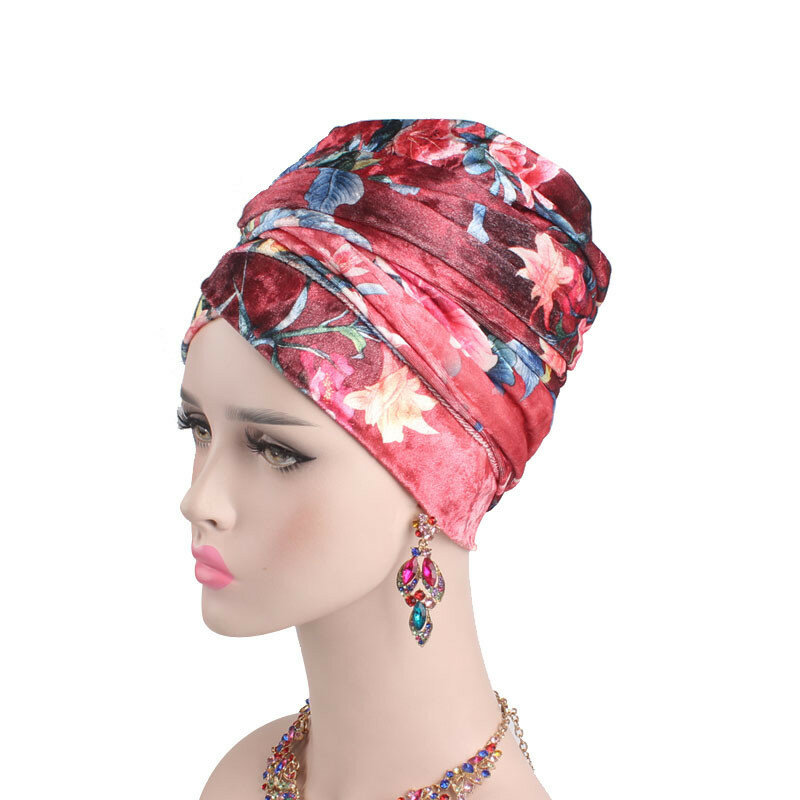 Velvet Print Hijab Turban Caps For Women Muslim Long-tailed Headscarf Hat Islamic Underscarf Bonnet Ladies African Headwraps