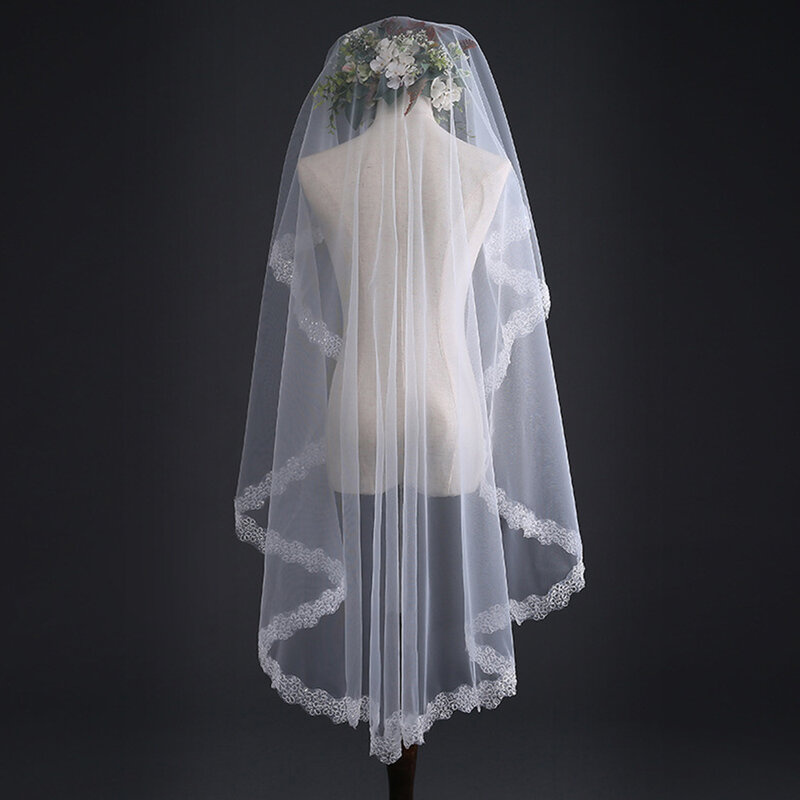 Simples tule macio véu de casamento de uma camada de noiva valsa véu 1.5 metros branco marfim lantejoulas apliques acessórios de casamento para mulher