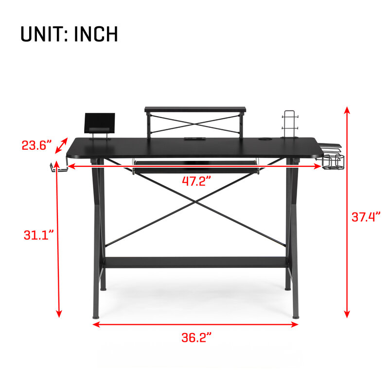 Gaming Desk Table E-Sports Computer Desk Gaming Workstation Desk, PC Stand Shelf Keyboard stand Power Strip with USB Cup Holde