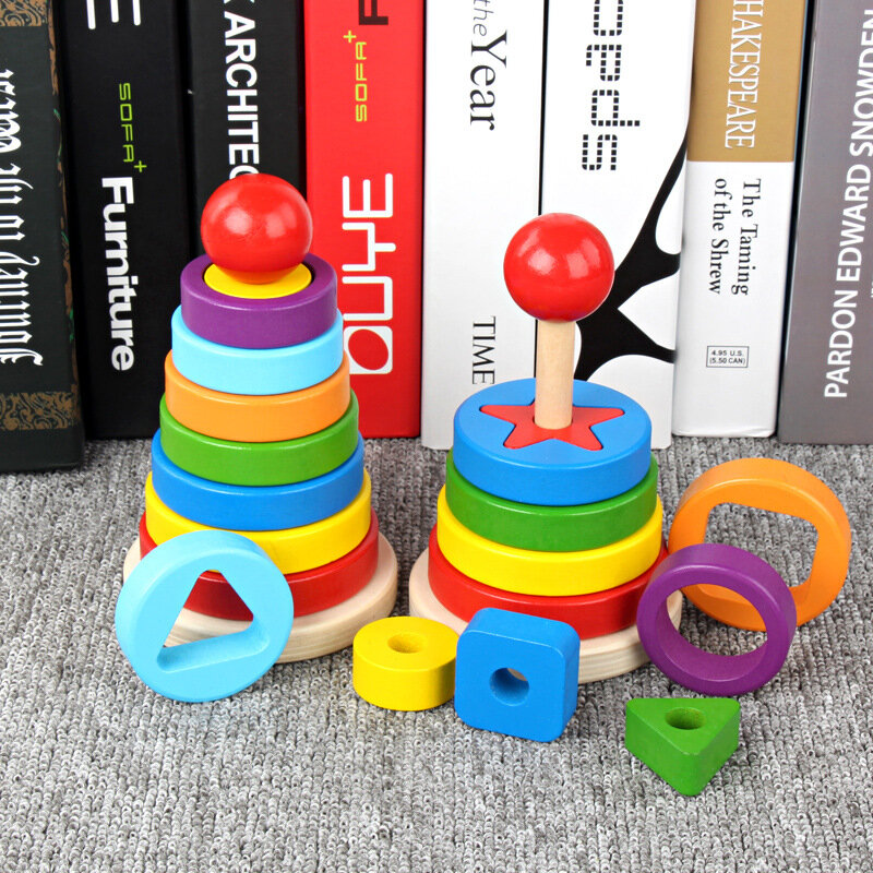 Torre de madera arcoíris, juegos de bloques de construcción de madera, juguetes educativos en forma de rompecabezas 3D para niños