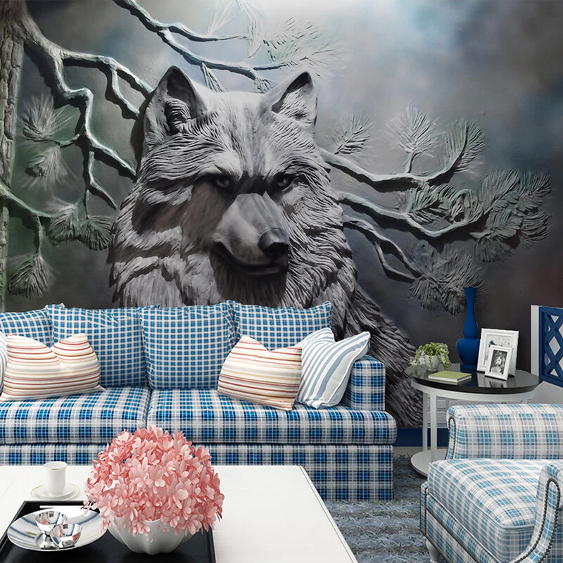 カスタム壁画ヨーロッパスタイル 3D 立体エンボス加工森林オオカミの不織布壁紙リビングルームレストラン寝室の装飾