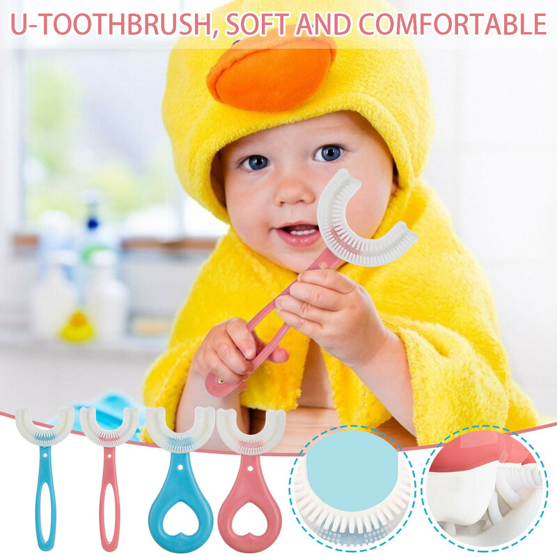 Cepillo de dientes en forma de U para bebé, 360 grados, de silicona suave, para cuidado bucal, 2-12 años