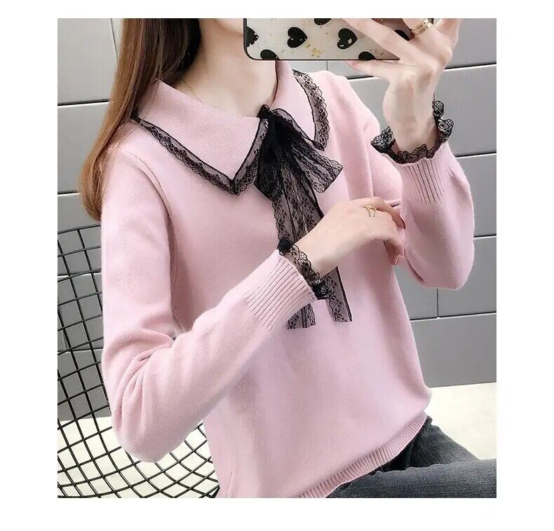 Spring/Autumn Women's Sweater Solid Color Lace Bow Tie Slim New Fashion Casual Long Sleeve Stretch Cotton Pullover Top 