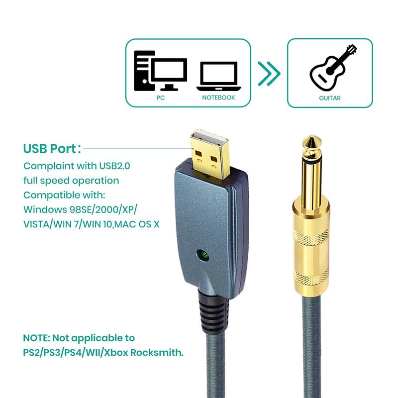 Interfejs USB na kabel gitarowy męski na 6.35mm Jack elektryczne akcesoria gitarowe złącze Audio Adapter przewodu do instrumentu 3M