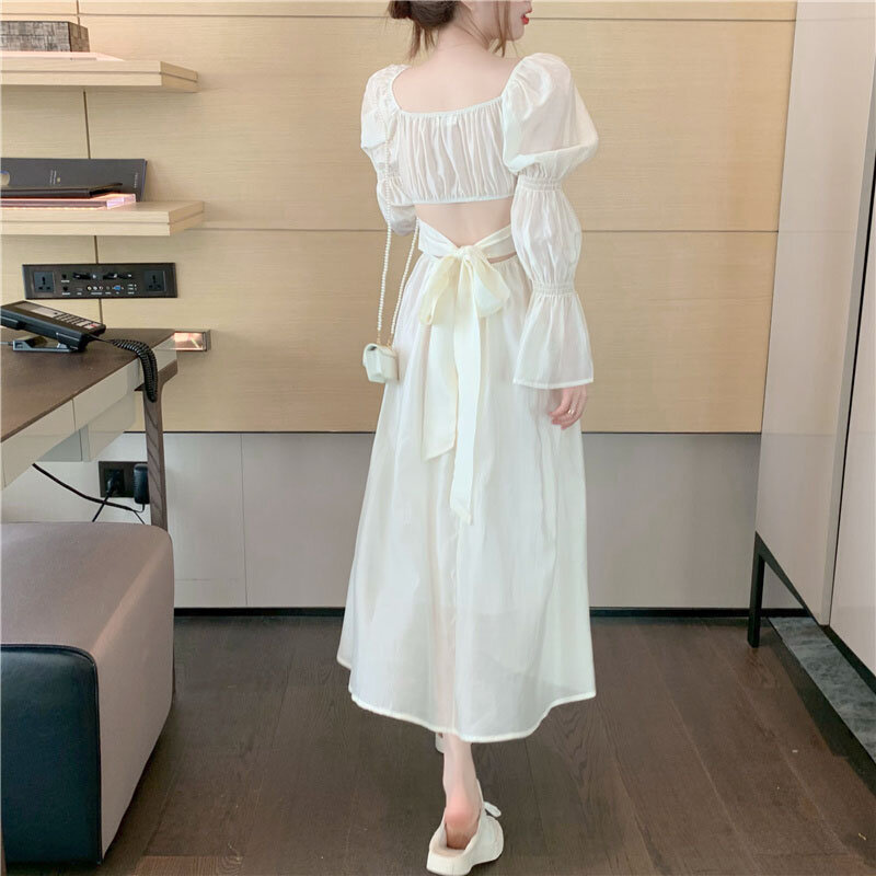 2021 autunno nuovo vestito di moda coreana donna francese elegante e dolce colletto quadrato fata abiti Midi vestito da spiaggia festa di vacanza