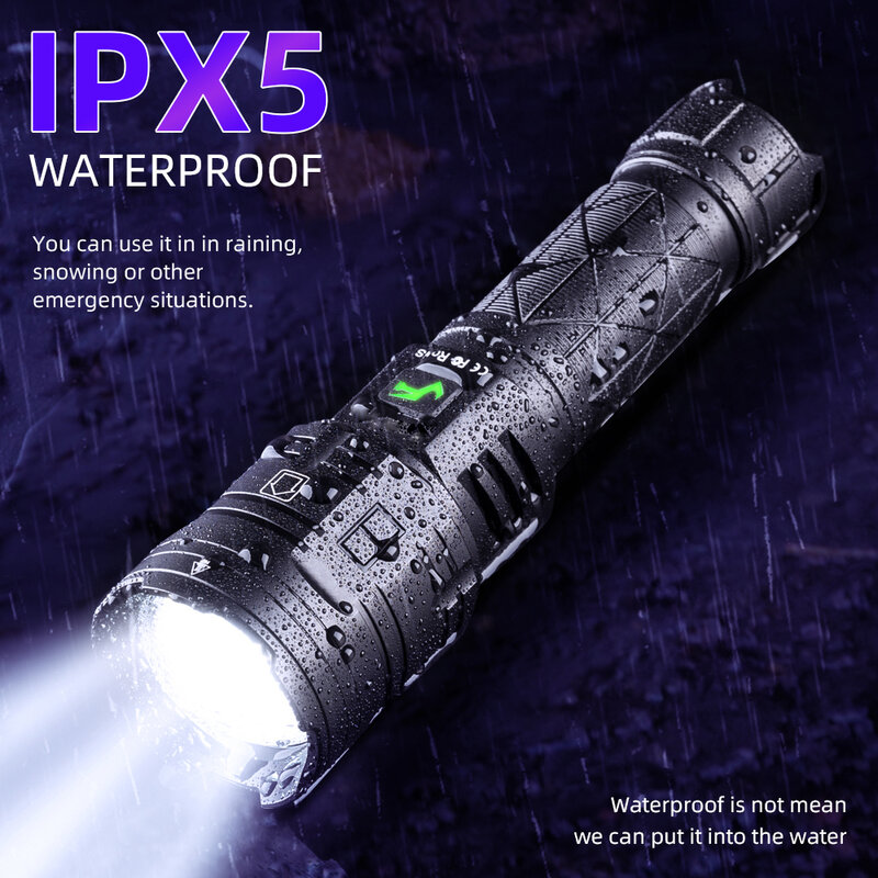 Powerful XHP160 Flashlight 5 Modes Zoomable USB Rechargeable Aluminum Alloy LED Torch Light Waterproof Flashlight Tactical Power