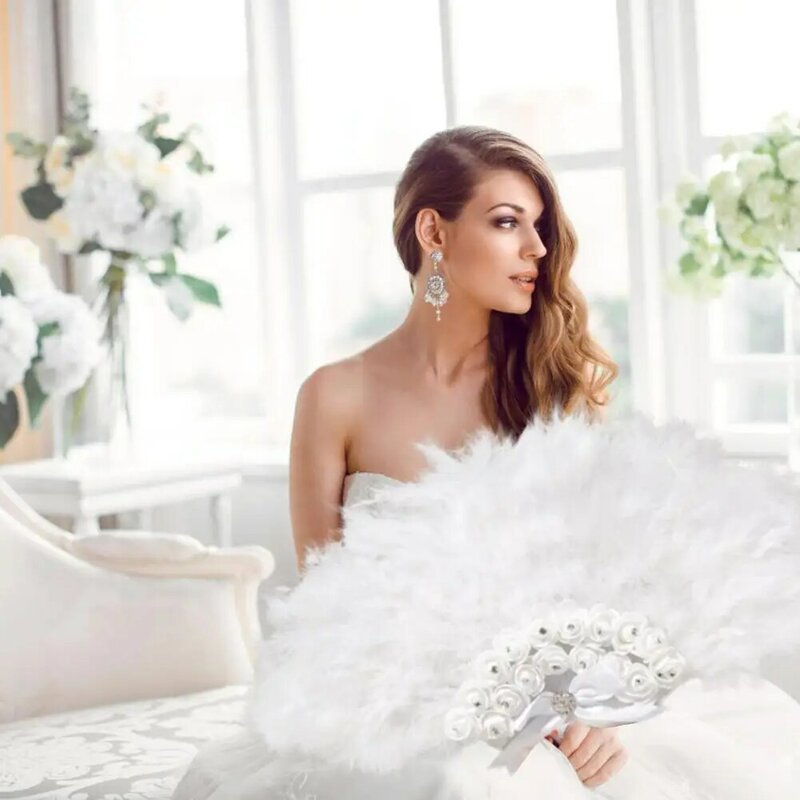 Handmade Pernikahan Bridal Bulu Penggemar Renda Slik Putih Wanita Fan untuk Dansa Pernikahan Dekorasi DIY Kipas Tangan Abanicos untuk Boda