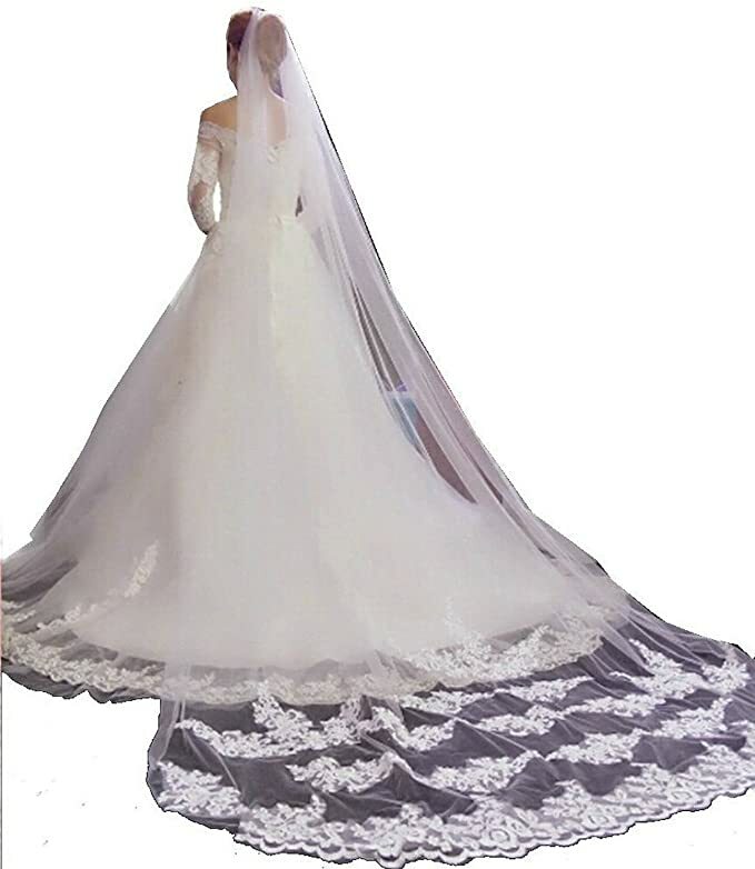 Velo de novia de una capa con borde de encaje largo, velo de novia con peine, velo de novia blanco marfil 2020, accesorios nupciales
