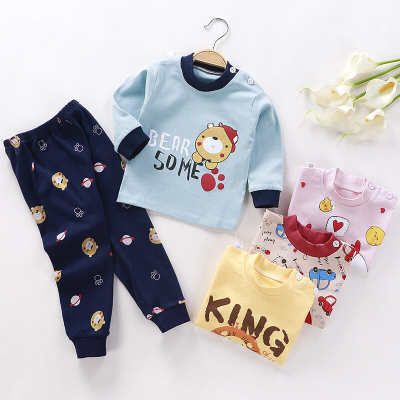Pyjama 100% coton pour fille et garçon de 12 mois à 5 ans, 2 pièces, vêtements d'automne, à manches longues, avec motif de dessin animé, hauts et pantalons