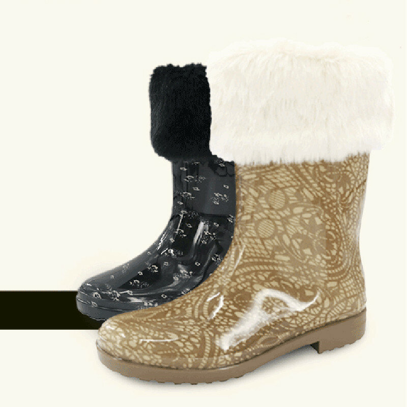 새로운 플러시 안감 인쇄 장화 여성 겨울 Mid-Calf 따뜻한 물 부츠 여성 겨울 방수 신발 슬립 온 Rainboots