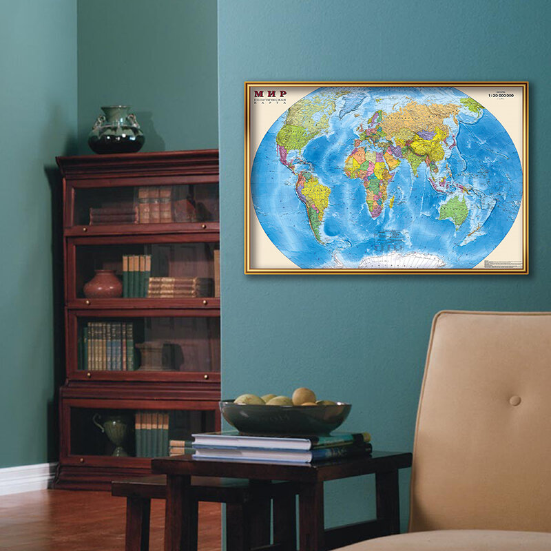 Póster de pared ruso con mapa del mundo para niños, pintura en lienzo, decoración del hogar, educación, regalo de cumpleaños, 59x42cm