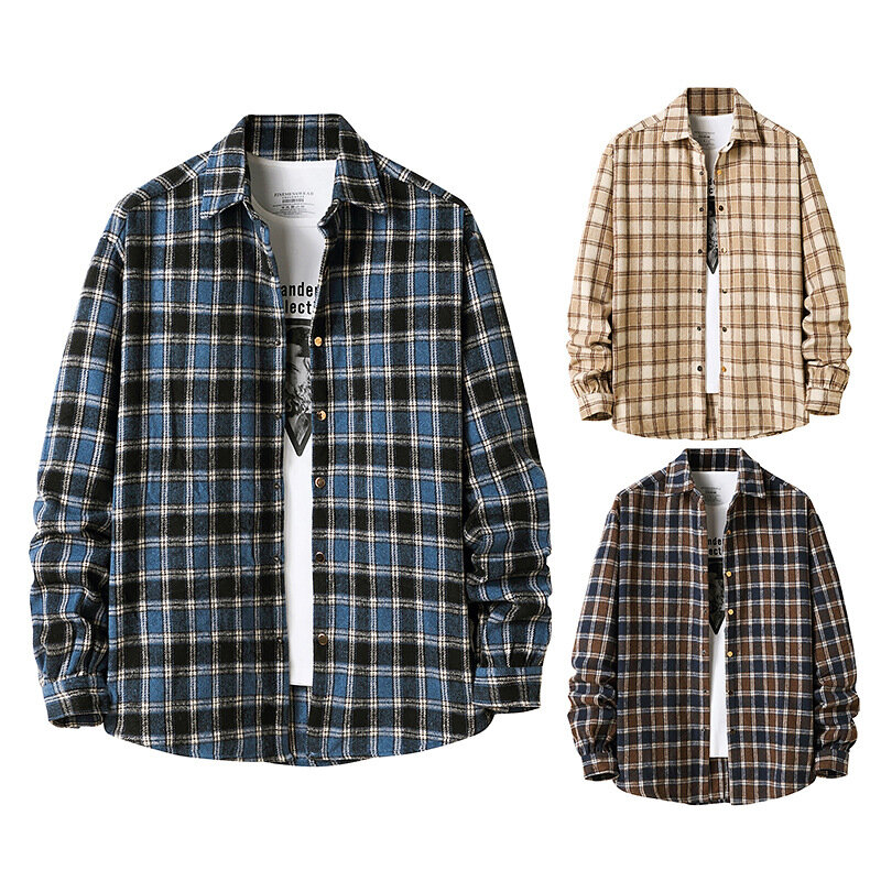 Mens Shirts Coat New American Style Spring/Autumn Flannel Plaid Shirt Men's Jacket Shirt  Mens Fashion Clothing Trends