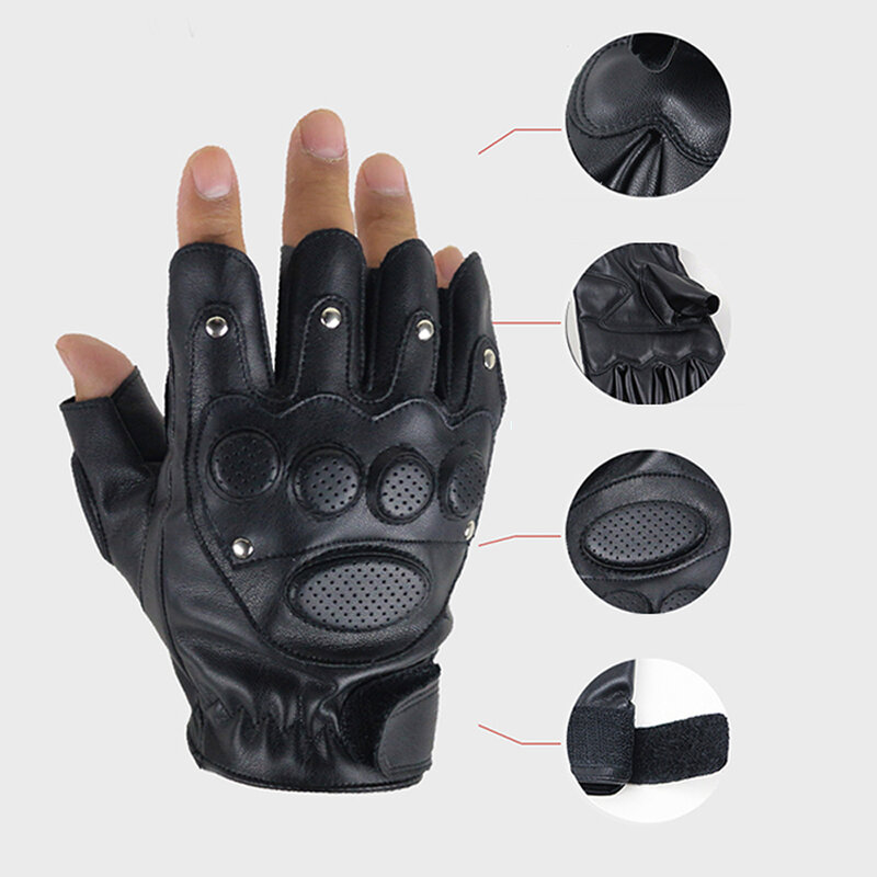 Summer Men Women Fingerless Tactical Gloves Half Finger Rivet Breathable Glove Unisex Adult Fingerless Mittens PU Leather Luvas