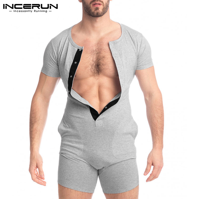 INCERUN – combinaison pyjama en Patchwork pour homme, tenue de maison, col rond, manches courtes, boutons, confortable, slim, loisirs, 2022, S-5XL