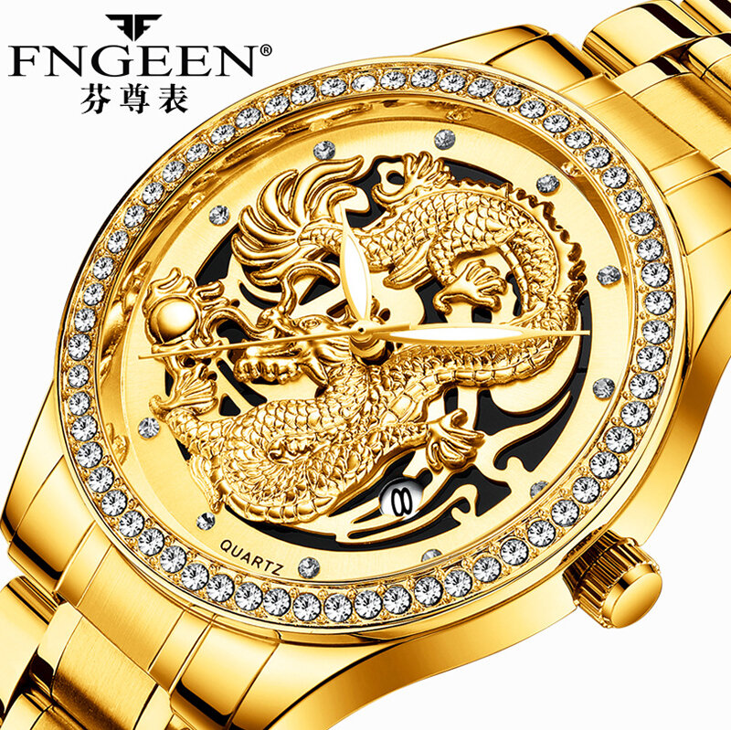 FNGEEN เคลือบกระจกนาฬิกาสำหรับ Unisex กันน้ำควอตซ์ Golden Man นาฬิกาข้อมือส่องสว่าง