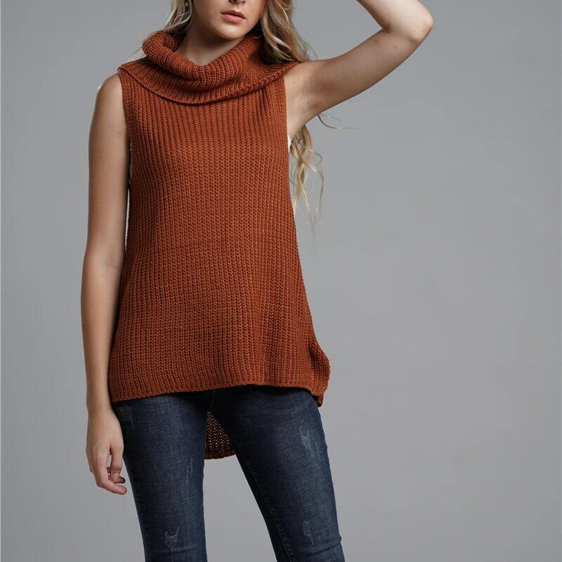 Suéter de cuello alto para mujer, Jersey de punto sin mangas, color puro, informal
