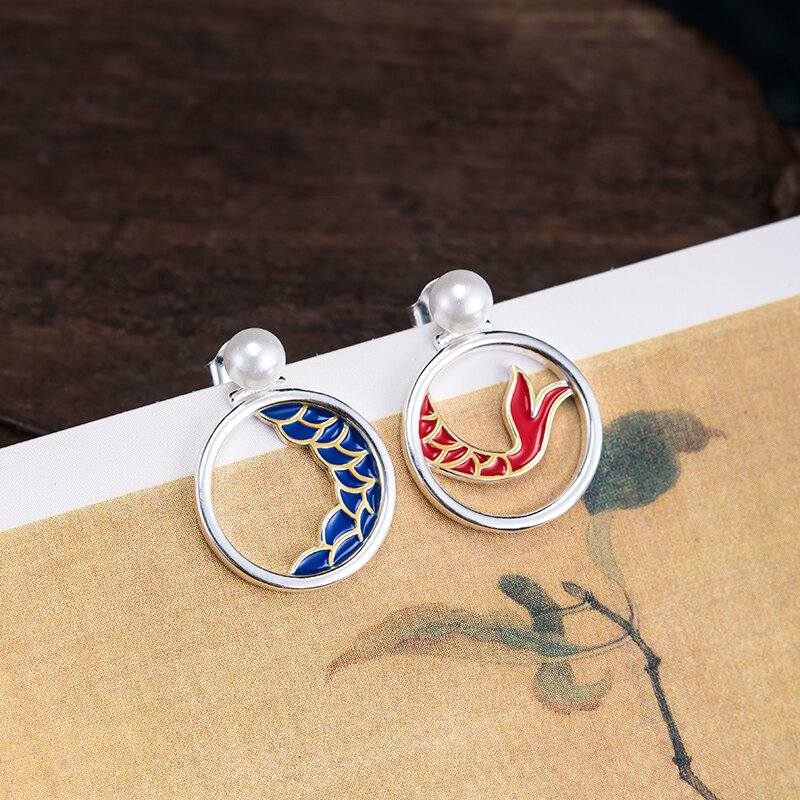 925 Sterling Silver klasyczny chiński styl Fishtail kolczyki damskie kreatywne drążą Koi modne kolczyki biżuteria akcesoria