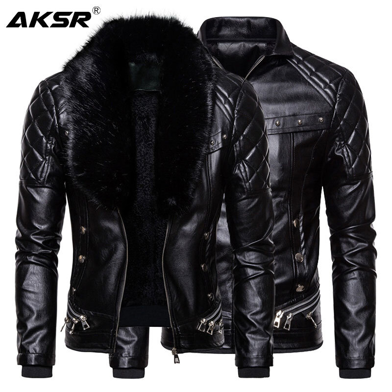 Jaqueta de couro motoqueiro masculina, casaco para ciclismo com gola de pele destacável e de couro sintético, jaqueta casual pu