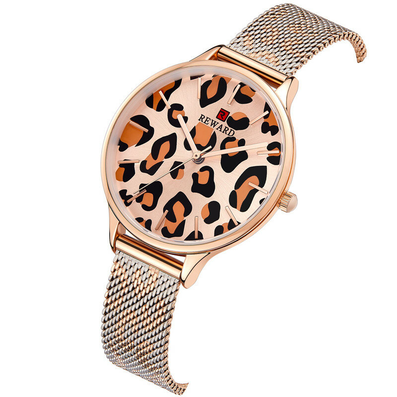 Sexy motif léopard doré femmes montres quartz japon mouvement étanche dames en acier inoxydable maille ceinture filles horloge RD22002L