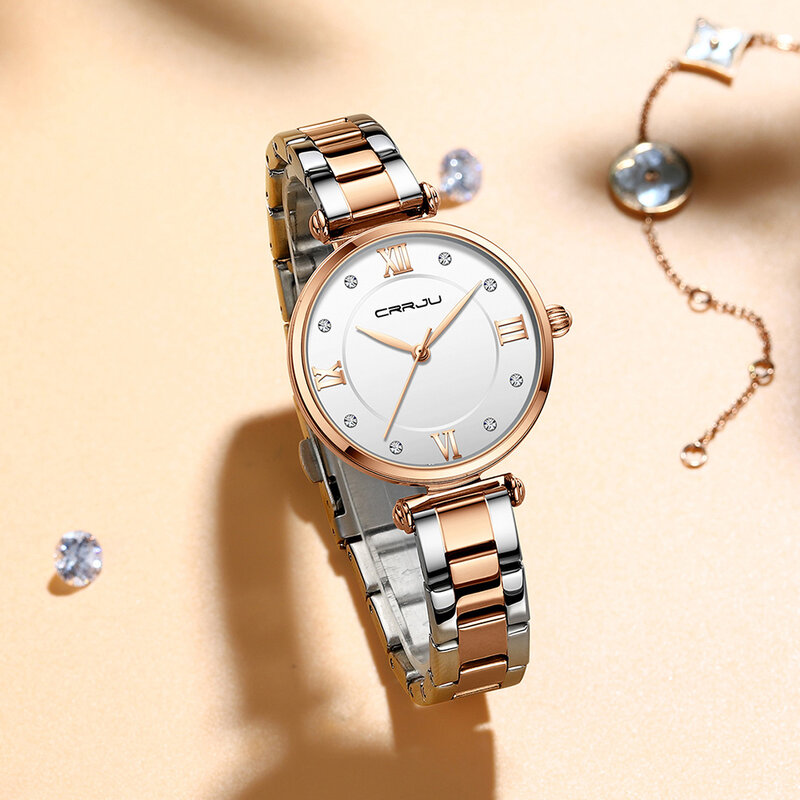 Crrju relógios femininos famosa marca de luxo diamante aço inoxidável elegante feminino quartzo relógios moda reloj mujer senhoras vestido wa